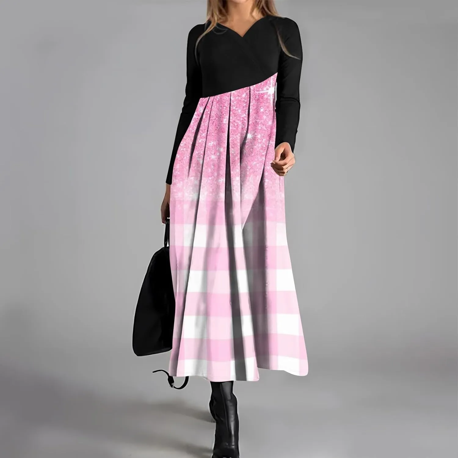 Womens Spring Fashion 2025 Dress Long Sleeve Midi V Neck Work Cute Teens Elegant Western Swing Dress