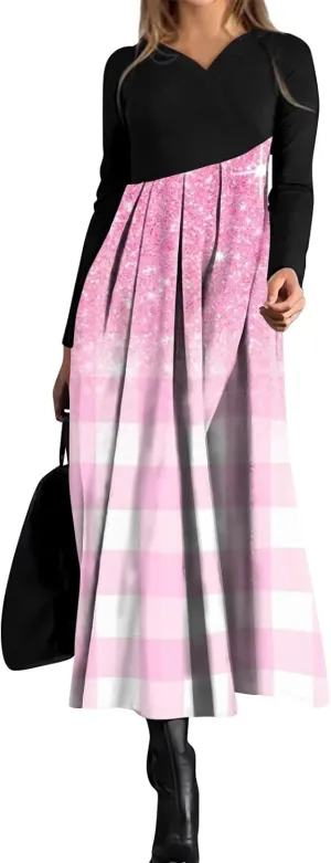 Womens Spring Fashion 2025 Dress Long Sleeve Midi V Neck Work Cute Teens Elegant Western Swing Dress