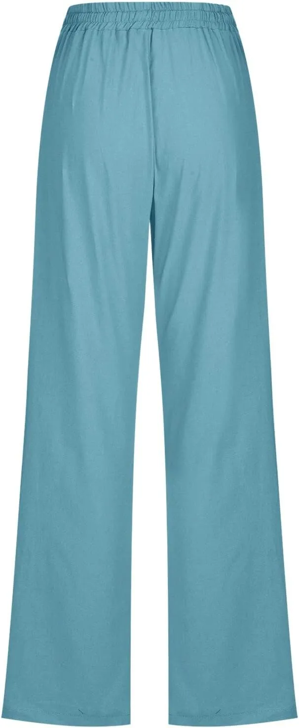 Women's Straight Leg Long Pants Elastic High Waist Drawstring Loose Casual Pants Solid Color Trousers with Pockets