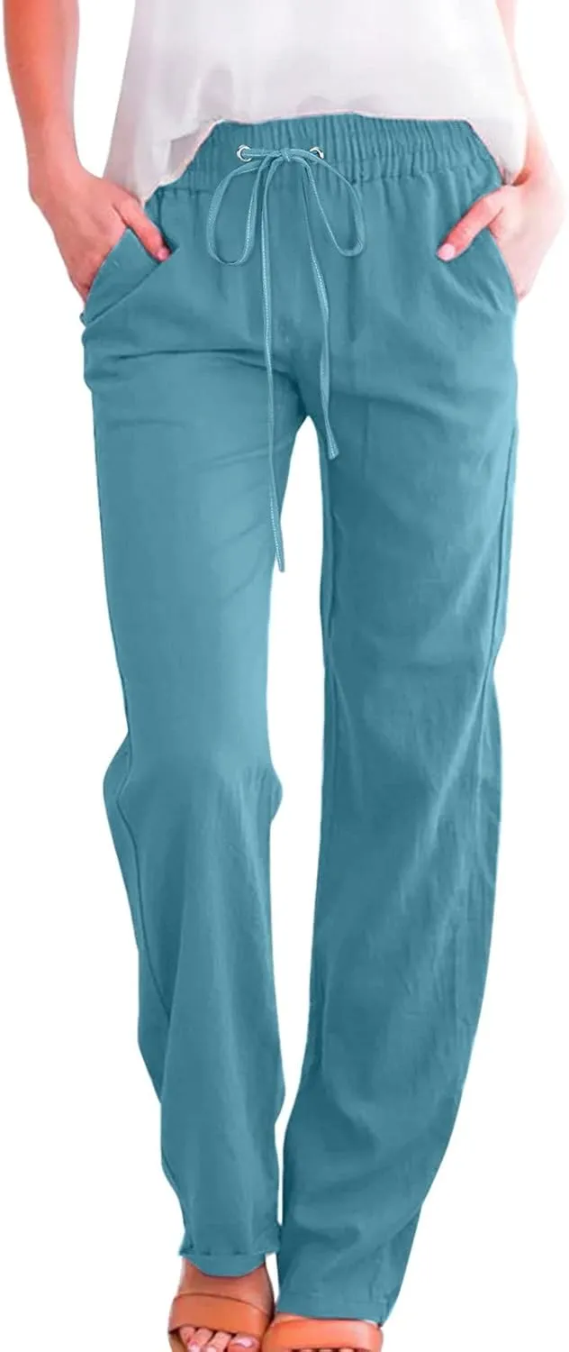 Women's Straight Leg Long Pants Elastic High Waist Drawstring Loose Casual Pants Solid Color Trousers with Pockets