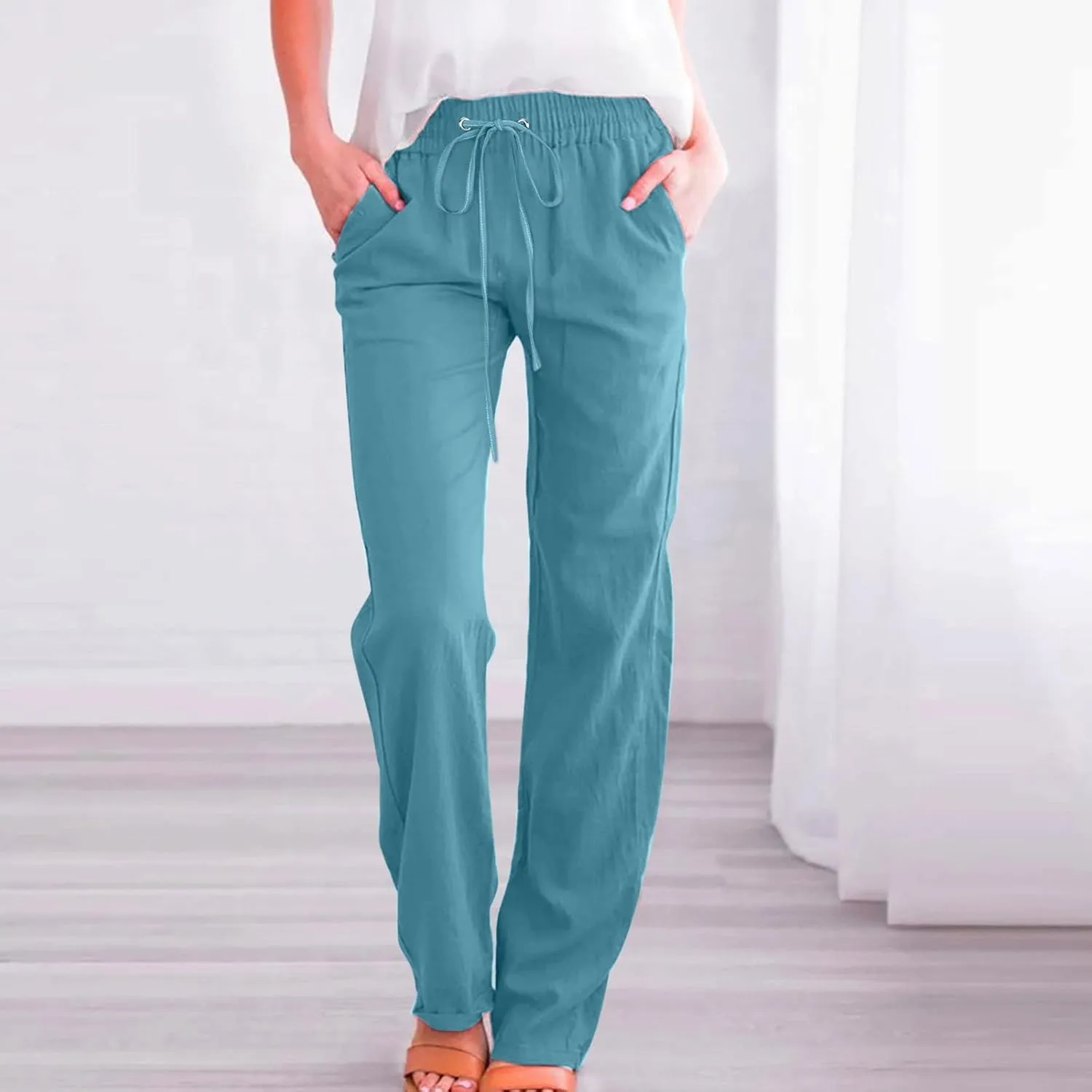 Women's Straight Leg Long Pants Elastic High Waist Drawstring Loose Casual Pants Solid Color Trousers with Pockets
