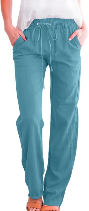 Women's Straight Leg Long Pants Elastic High Waist Drawstring Loose Casual Pants Solid Color Trousers with Pockets