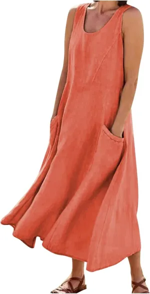 Women's Summer 2022 Casual Fashion Solid Cotton and Short Sleeve Medium Long Dress