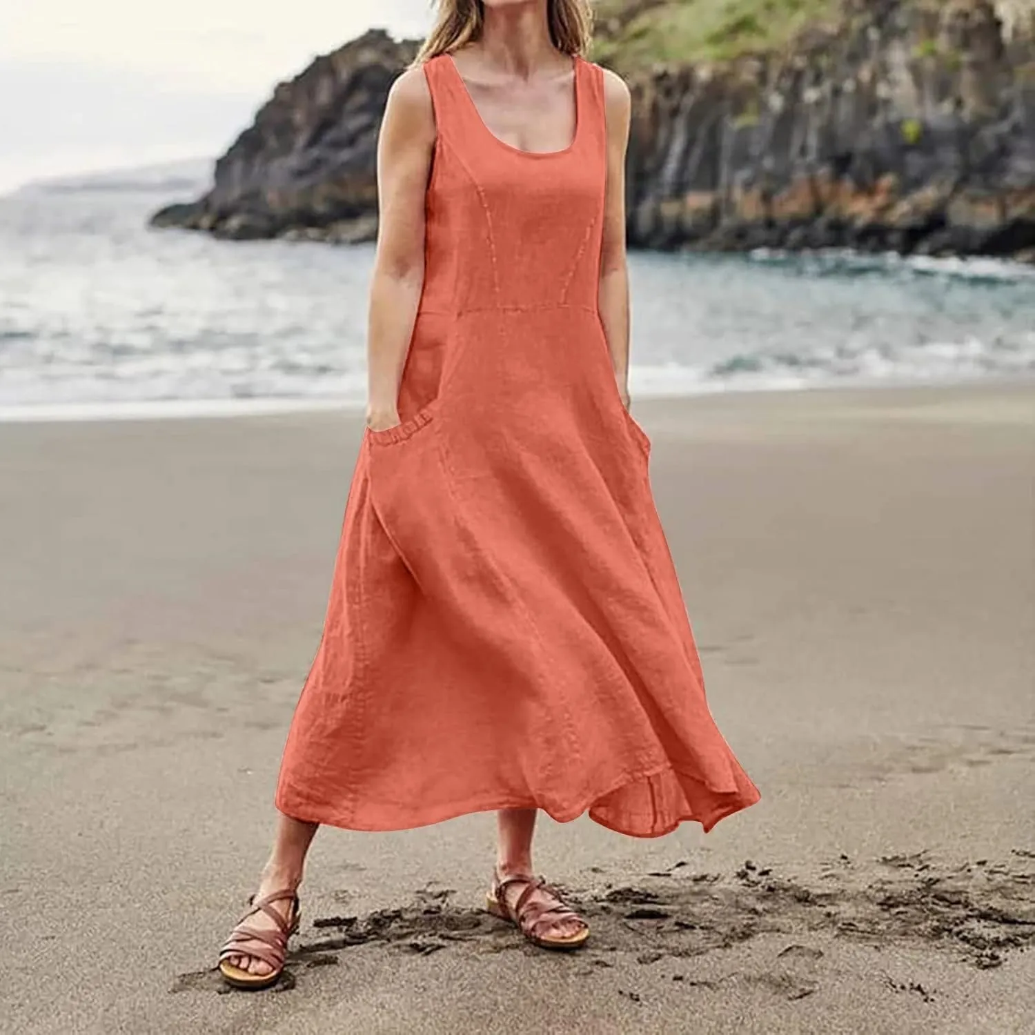 Women's Summer 2022 Casual Fashion Solid Cotton and Short Sleeve Medium Long Dress