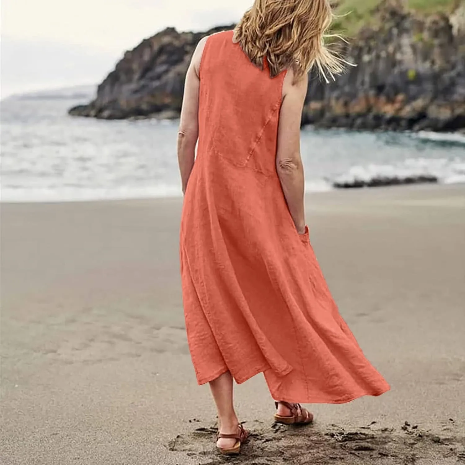 Women's Summer 2022 Casual Fashion Solid Cotton and Short Sleeve Medium Long Dress