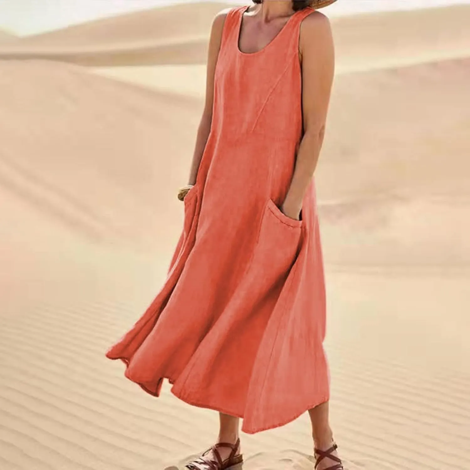 Women's Summer 2022 Casual Fashion Solid Cotton and Short Sleeve Medium Long Dress