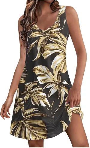 Womens Summer Beach Dress Sleeveless Tropical Floral Boho Sundress Swimsuit Coverup Tank Dresses for Travel Vacation