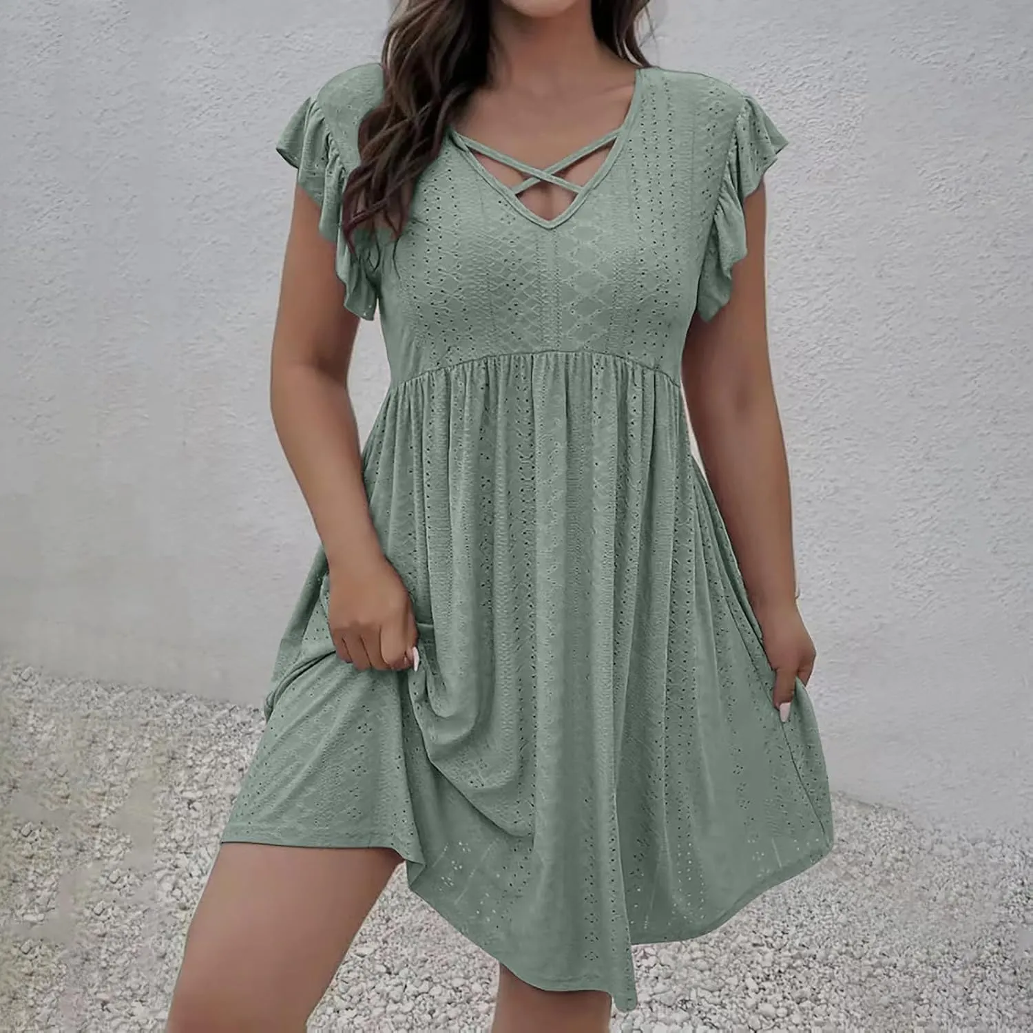 Womens Summer Beach Vacation Dress Ruffle Sleeve Tunic Swing Dresses Solid Color Loose Fit Travel Sundress