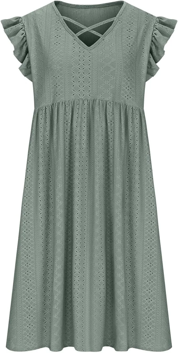 Womens Summer Beach Vacation Dress Ruffle Sleeve Tunic Swing Dresses Solid Color Loose Fit Travel Sundress