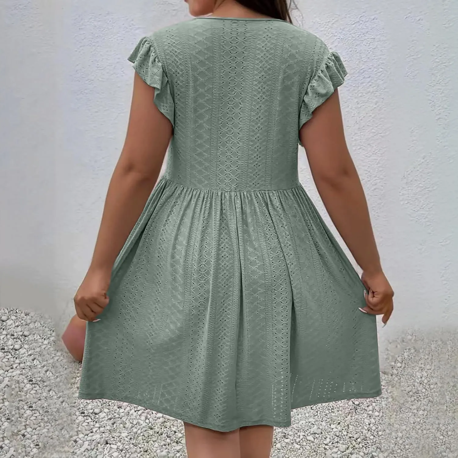 Womens Summer Beach Vacation Dress Ruffle Sleeve Tunic Swing Dresses Solid Color Loose Fit Travel Sundress