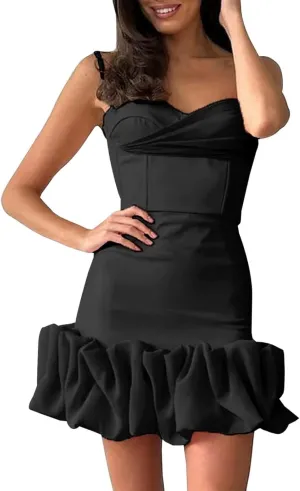 Women's Summer Bubble Mini Dresses 2025 Strapless Ruffle Skirt Flowy A Line Dress Prom Gowns Party Clubwear
