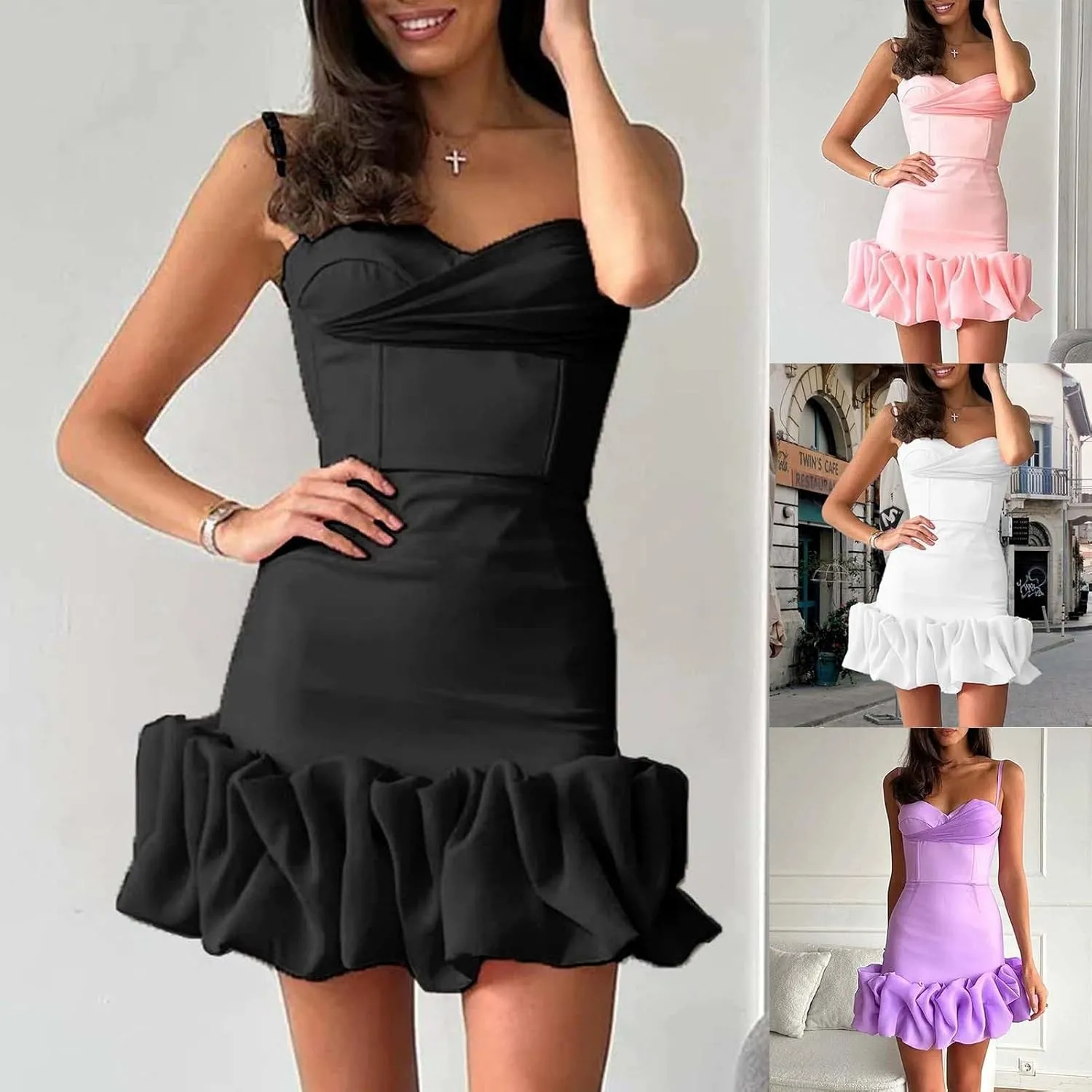 Women's Summer Bubble Mini Dresses 2025 Strapless Ruffle Skirt Flowy A Line Dress Prom Gowns Party Clubwear