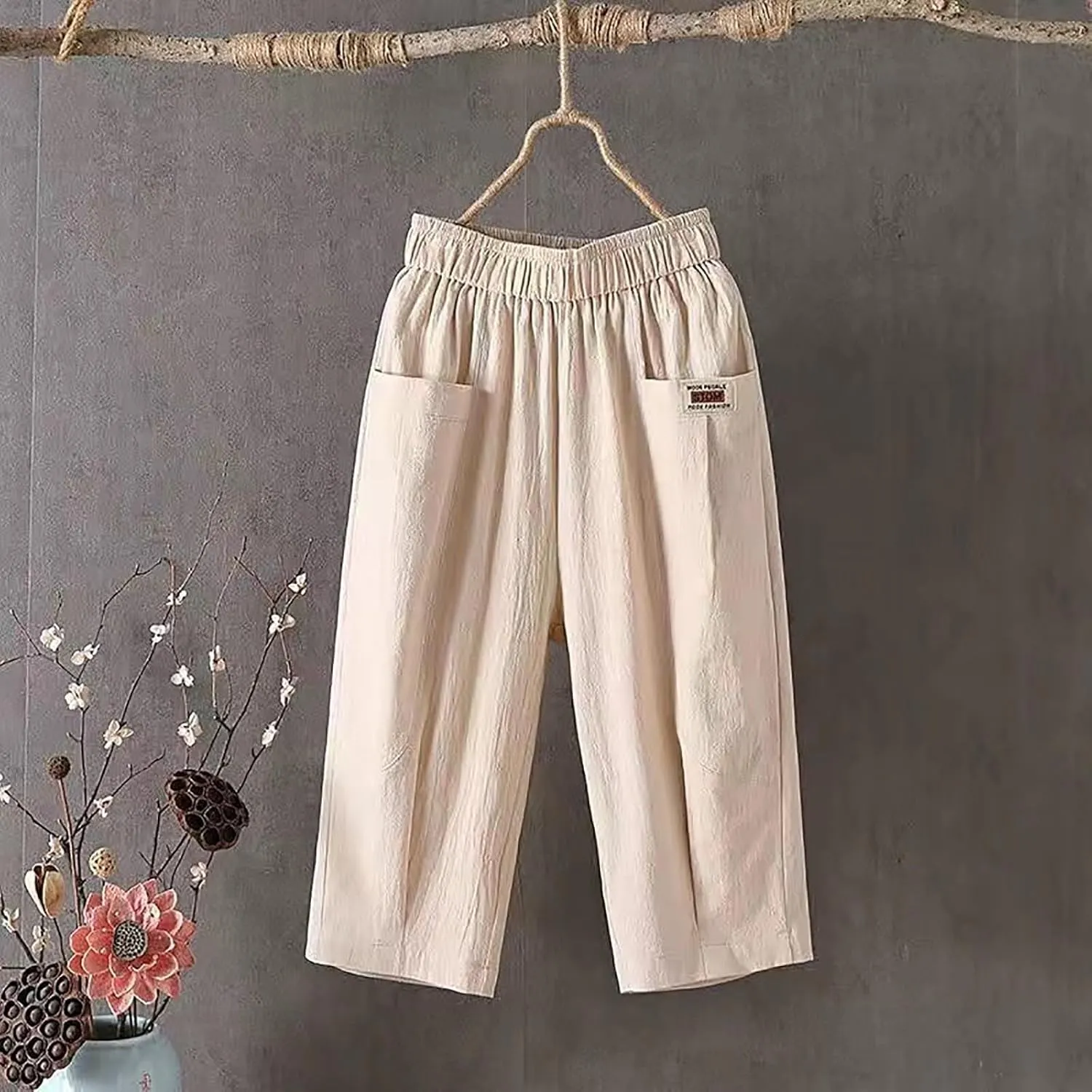 Women's Summer Capri Pants Elastic High Waist Drawstring Wide Leg Cotton Linen Work Pants with Pockets 2024