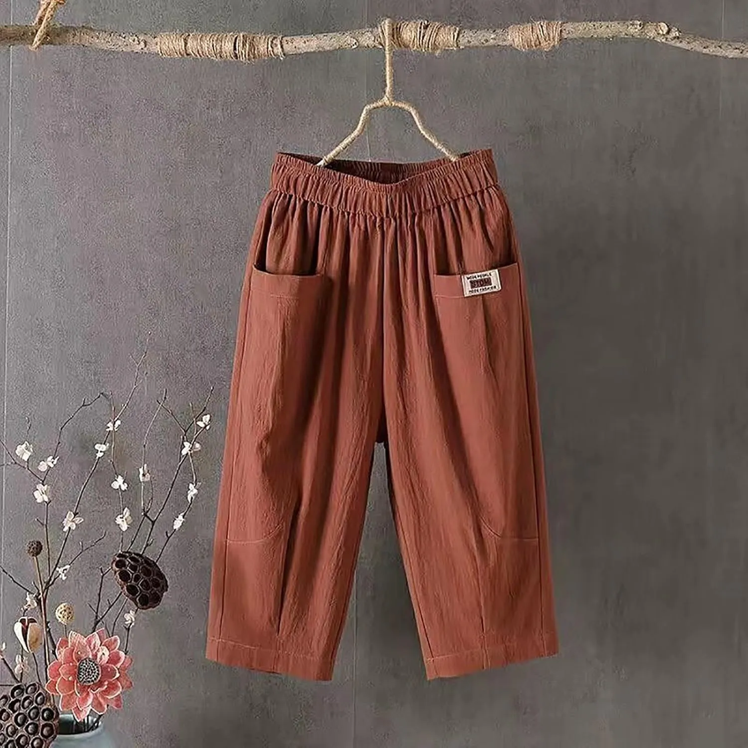 Women's Summer Capri Pants Elastic High Waist Drawstring Wide Leg Cotton Linen Work Pants with Pockets 2024