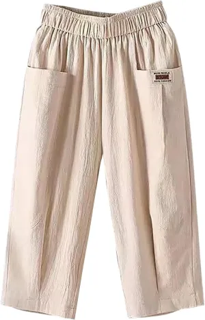 Women's Summer Capri Pants Elastic High Waist Drawstring Wide Leg Cotton Linen Work Pants with Pockets 2024