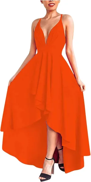 Women's Summer Casual Boho Long Dresses Spaghetti Strap Deep V Neck Flowy Sexy Backless Bandage Banquet Dresses