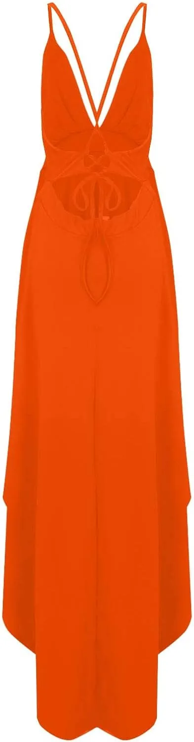 Women's Summer Casual Boho Long Dresses Spaghetti Strap Deep V Neck Flowy Sexy Backless Bandage Banquet Dresses