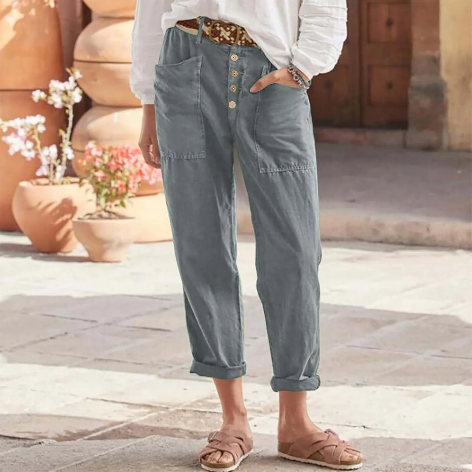 Womens Summer Cotton Linen Pants Wide Leg High Waist Palazzo Pants Lightweight Loose Fit Beach Pants Casual Trousers