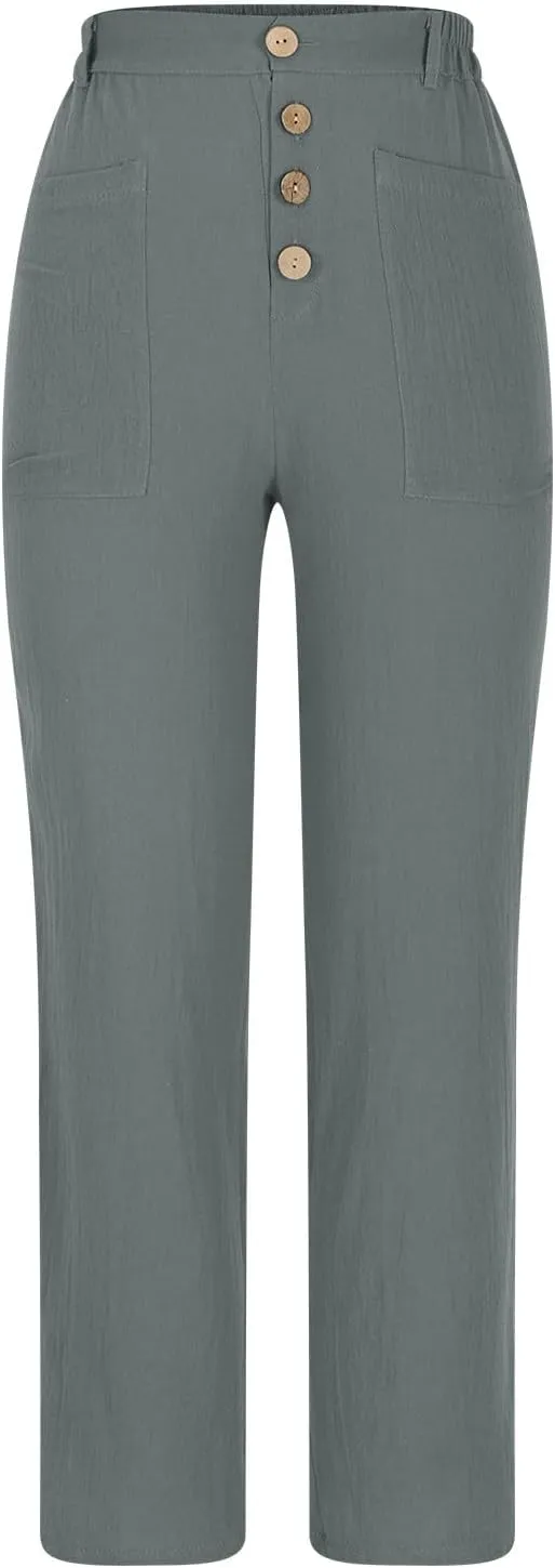 Womens Summer Cotton Linen Pants Wide Leg High Waist Palazzo Pants Lightweight Loose Fit Beach Pants Casual Trousers