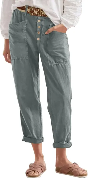 Womens Summer Cotton Linen Pants Wide Leg High Waist Palazzo Pants Lightweight Loose Fit Beach Pants Casual Trousers