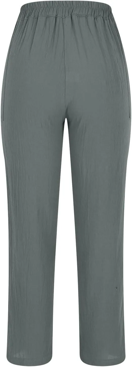 Womens Summer Cotton Linen Pants Wide Leg High Waist Palazzo Pants Lightweight Loose Fit Beach Pants Casual Trousers