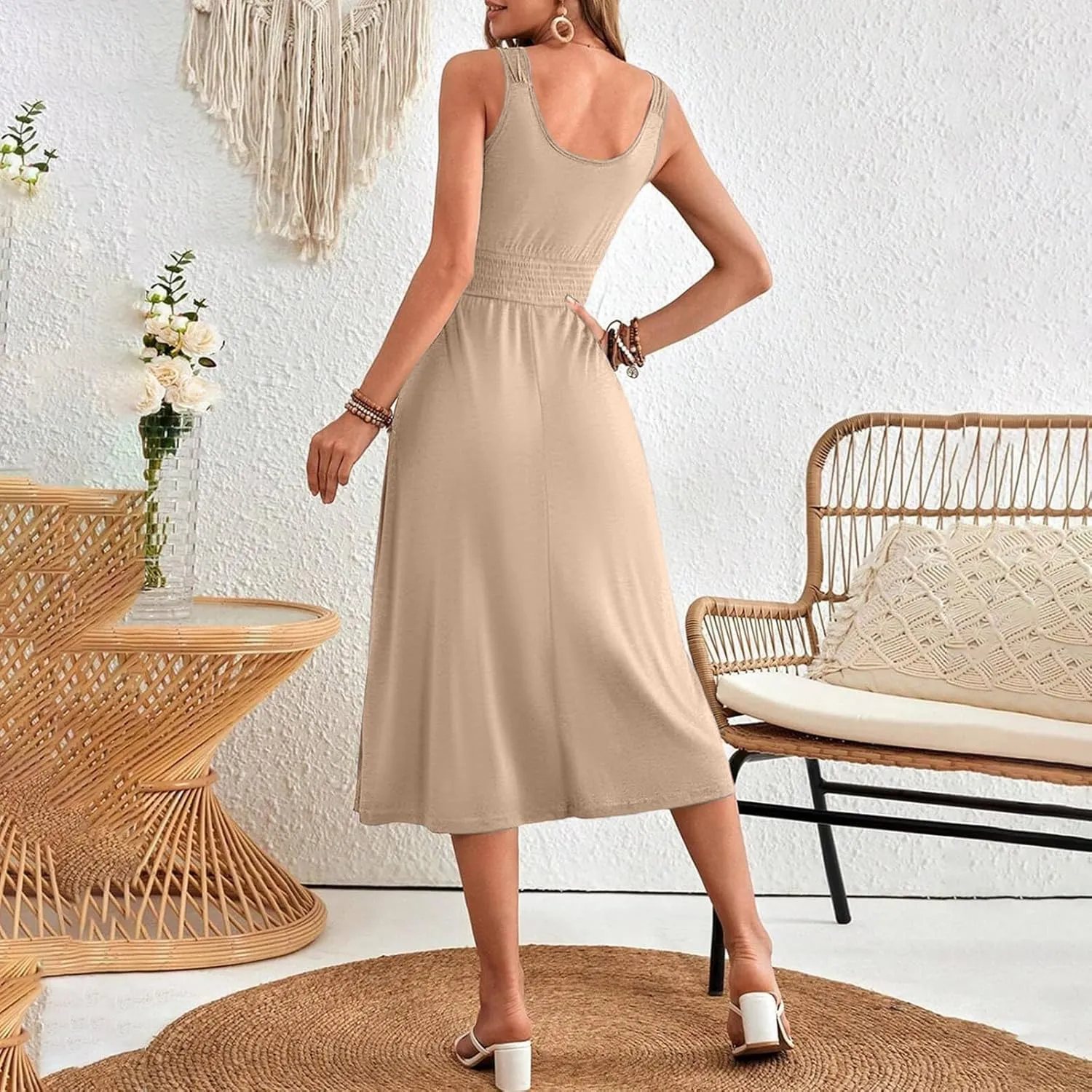 Women's Summer Dresses 2025 Sleeveless Button Down Smocked Empire Waist Casual A-Line Swing Midi Dress Tanks Sundress