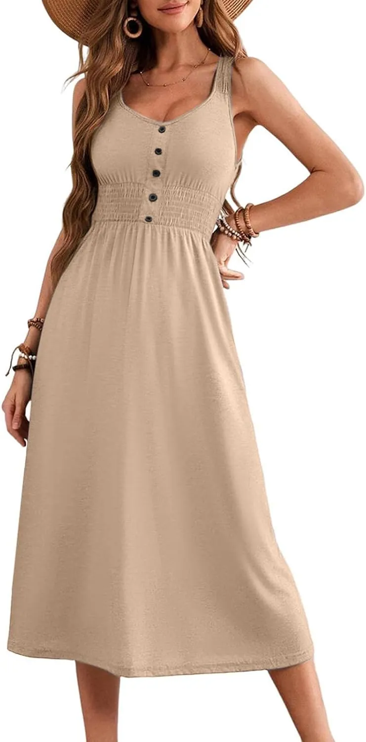 Women's Summer Dresses 2025 Sleeveless Button Down Smocked Empire Waist Casual A-Line Swing Midi Dress Tanks Sundress