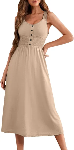 Women's Summer Dresses 2025 Sleeveless Button Down Smocked Empire Waist Casual A-Line Swing Midi Dress Tanks Sundress