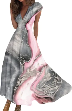 Womens Summer Dresses Flowy Ruched Sleeveless Sundress Floral Print Wrap V Neck Maxi Dress High Waist Boho Dress