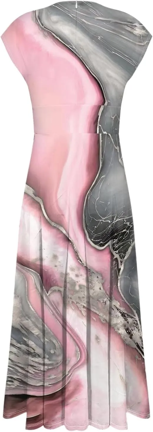 Womens Summer Dresses Flowy Ruched Sleeveless Sundress Floral Print Wrap V Neck Maxi Dress High Waist Boho Dress