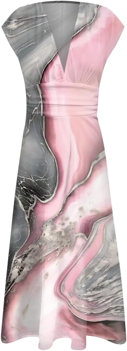 Womens Summer Dresses Flowy Ruched Sleeveless Sundress Floral Print Wrap V Neck Maxi Dress High Waist Boho Dress