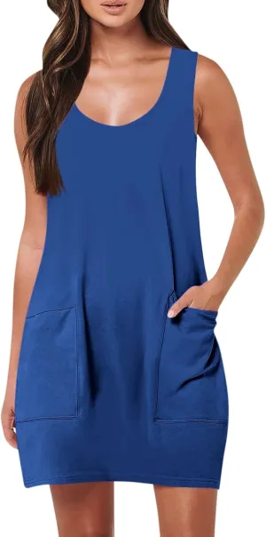 Women's Summer Dresses Short Beach Tank Dresse Vacation Casual Sleeveless Mini T Shirt Dress Sundress with Pockets