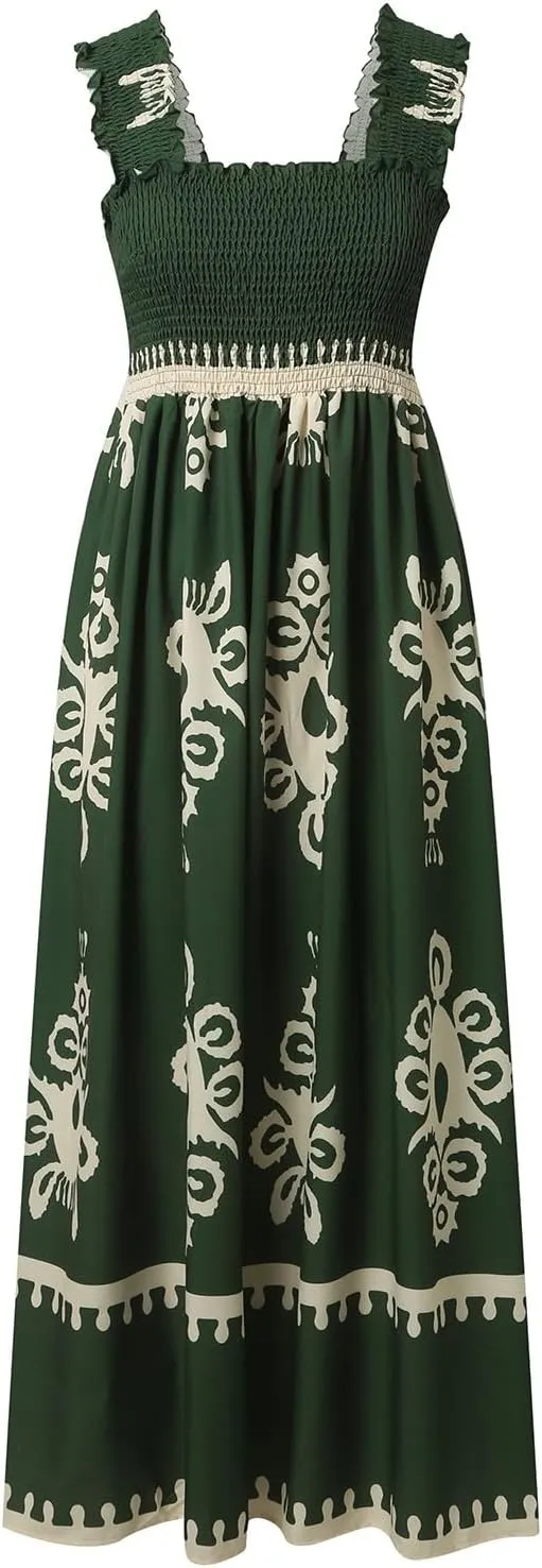 Women's Summer Dresses Sleeveless Casual Boho Maxi Long Dress Square Neck Smocked Floral Beach Vacation Sundresses 3