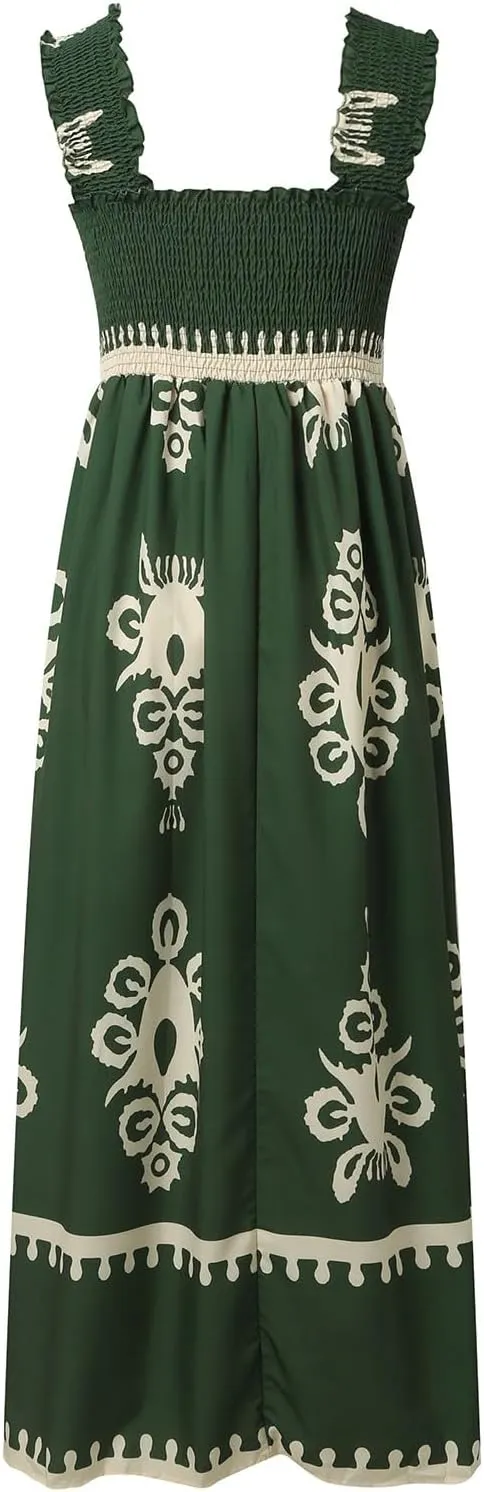 Women's Summer Dresses Sleeveless Casual Boho Maxi Long Dress Square Neck Smocked Floral Beach Vacation Sundresses 3