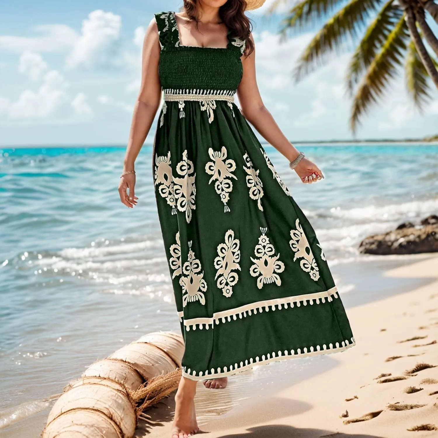 Women's Summer Dresses Sleeveless Casual Boho Maxi Long Dress Square Neck Smocked Floral Beach Vacation Sundresses 3
