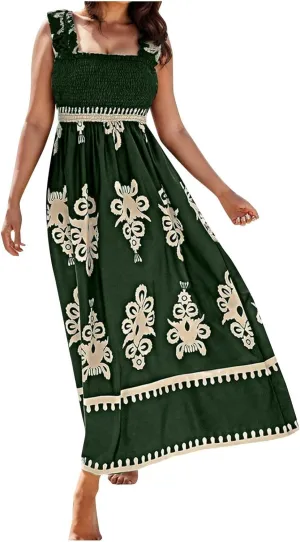 Women's Summer Dresses Sleeveless Casual Boho Maxi Long Dress Square Neck Smocked Floral Beach Vacation Sundresses 3
