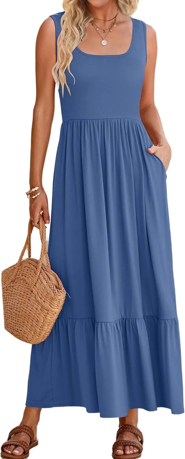 Womens Summer Dresses Square Neck Sleeveless Maxi Dress Casual Tiered Long Beach Sundress Ruffle A Line Flowy Dresses