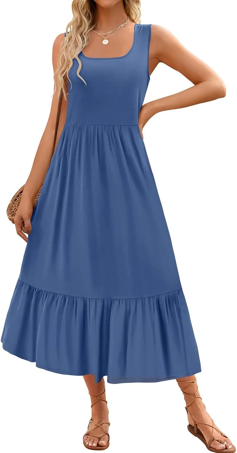 Womens Summer Dresses Square Neck Sleeveless Maxi Dress Casual Tiered Long Beach Sundress Ruffle A Line Flowy Dresses