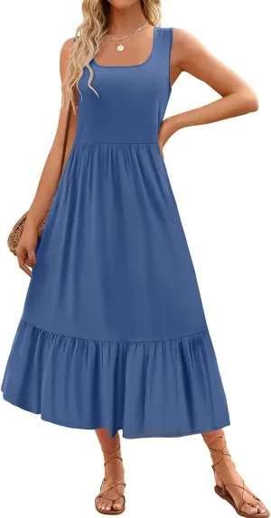 Womens Summer Dresses Square Neck Sleeveless Maxi Dress Casual Tiered Long Beach Sundress Ruffle A Line Flowy Dresses