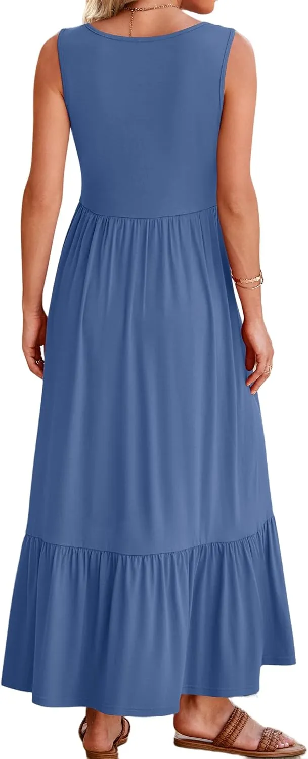 Womens Summer Dresses Square Neck Sleeveless Maxi Dress Casual Tiered Long Beach Sundress Ruffle A Line Flowy Dresses