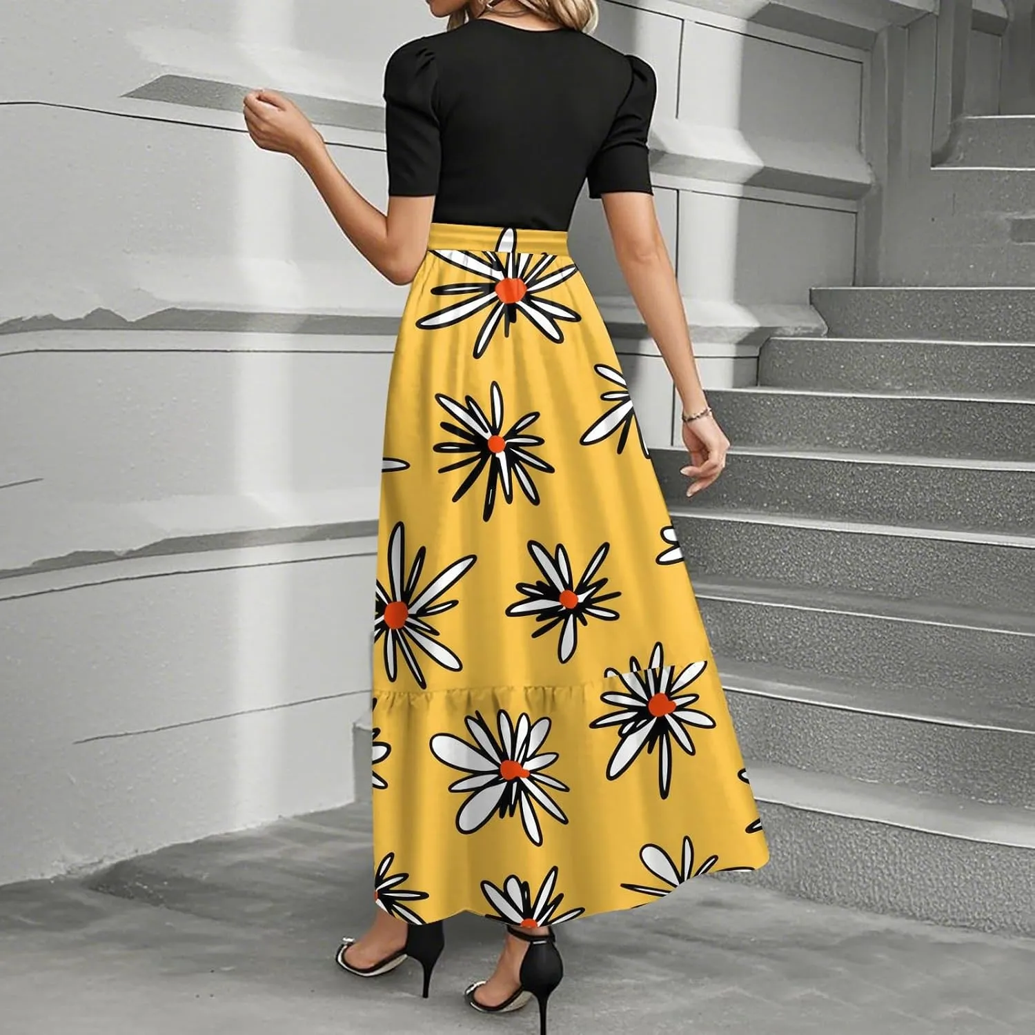 Womens Summer Floral Midi Dresses Cap Sleeve Beach Vacation Dress V Neck Ruffle Long Flowy Boho Casual Long Flowy Dress