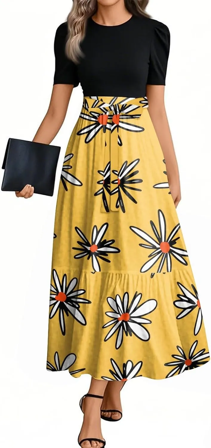 Womens Summer Floral Midi Dresses Cap Sleeve Beach Vacation Dress V Neck Ruffle Long Flowy Boho Casual Long Flowy Dress