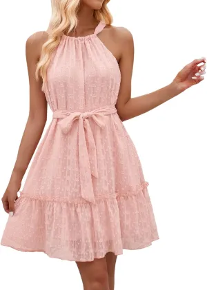 Women's Summer Floral Sun Dress Sleeveless Halter Neck Flowy Ruffle Hem Short Boho Mini Dresses Wedding Guest with Belt