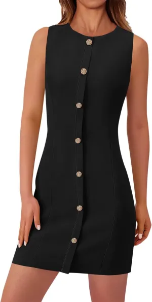 Women's Summer Sleeveless Crew Neck Bodycon Midi Dresses Dressy Casual Party Business Work Button Down Tank Dress