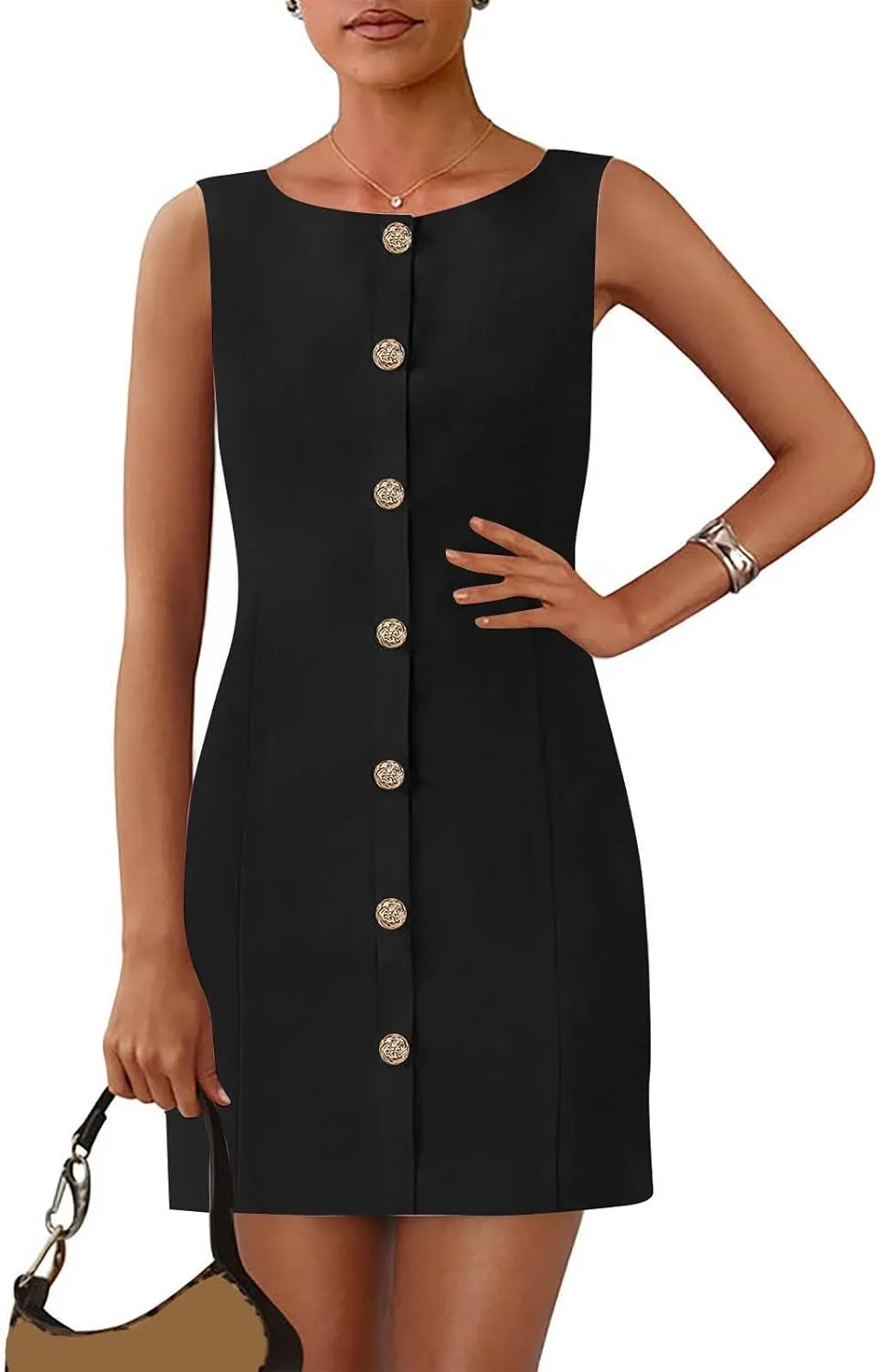 Women's Summer Sleeveless Crew Neck Bodycon Midi Dresses Dressy Casual Party Business Work Button Down Tank Dress