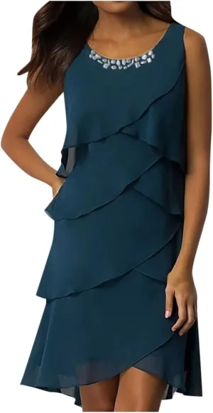 Women's Summer Sleeveless Mini Dress Boho Ruffle Tiered Layered Chiffon Flowy A Line Dresses Ruffle Tiered Casual Swing Dress