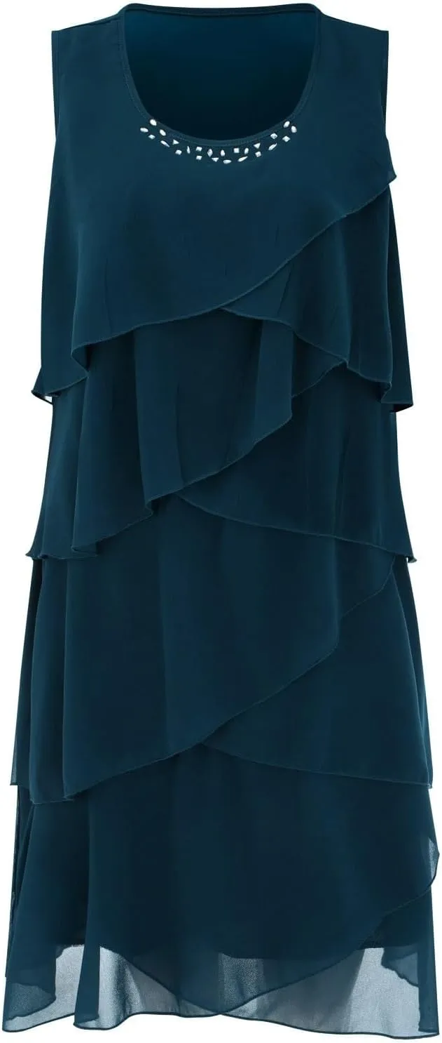 Women's Summer Sleeveless Mini Dress Boho Ruffle Tiered Layered Chiffon Flowy A Line Dresses Ruffle Tiered Casual Swing Dress