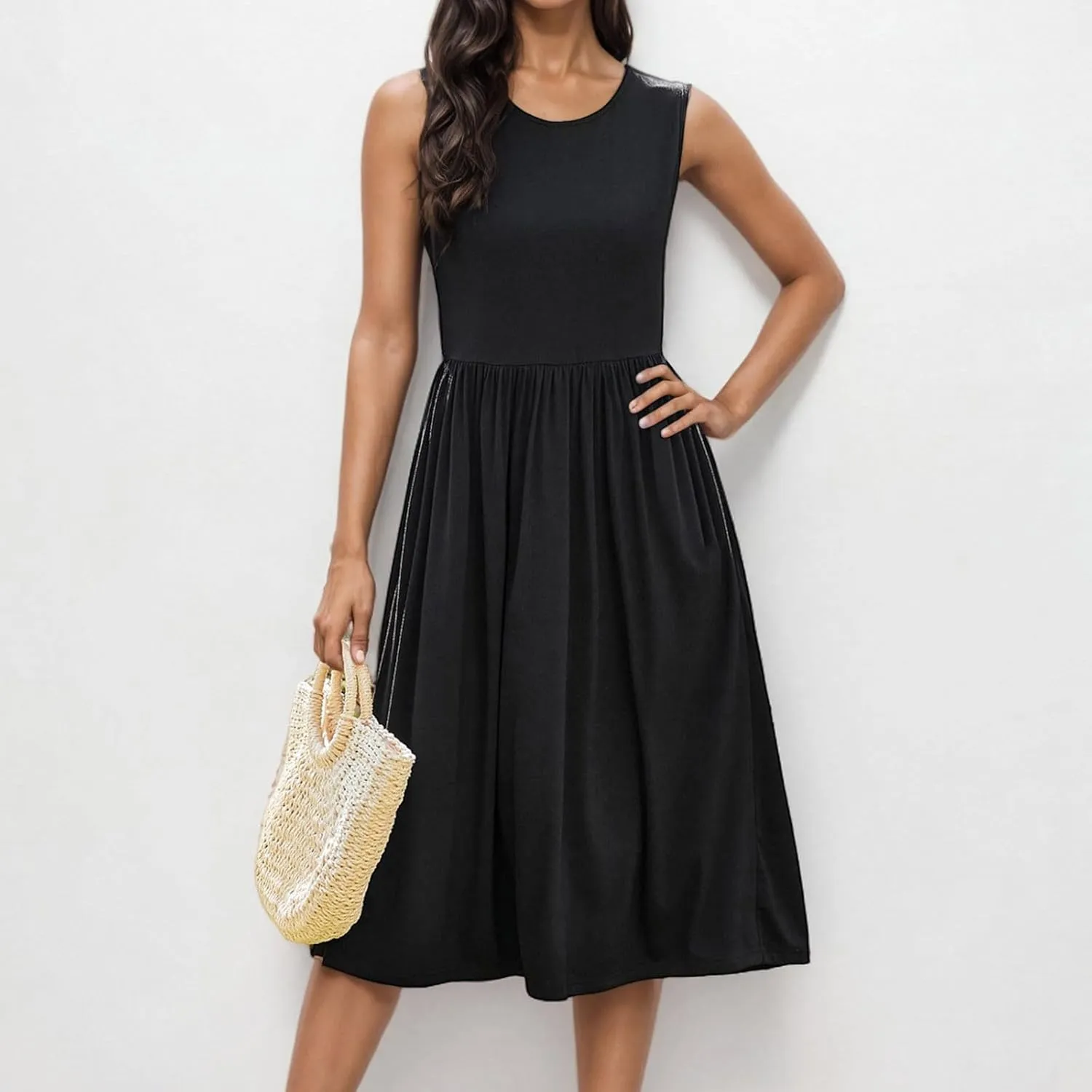 Women's Summer Tank Midi Dress with Pockets, Sleeveless A-Line Sun Dresses Casual T-Shirt Dress Flowy Beach Sundress