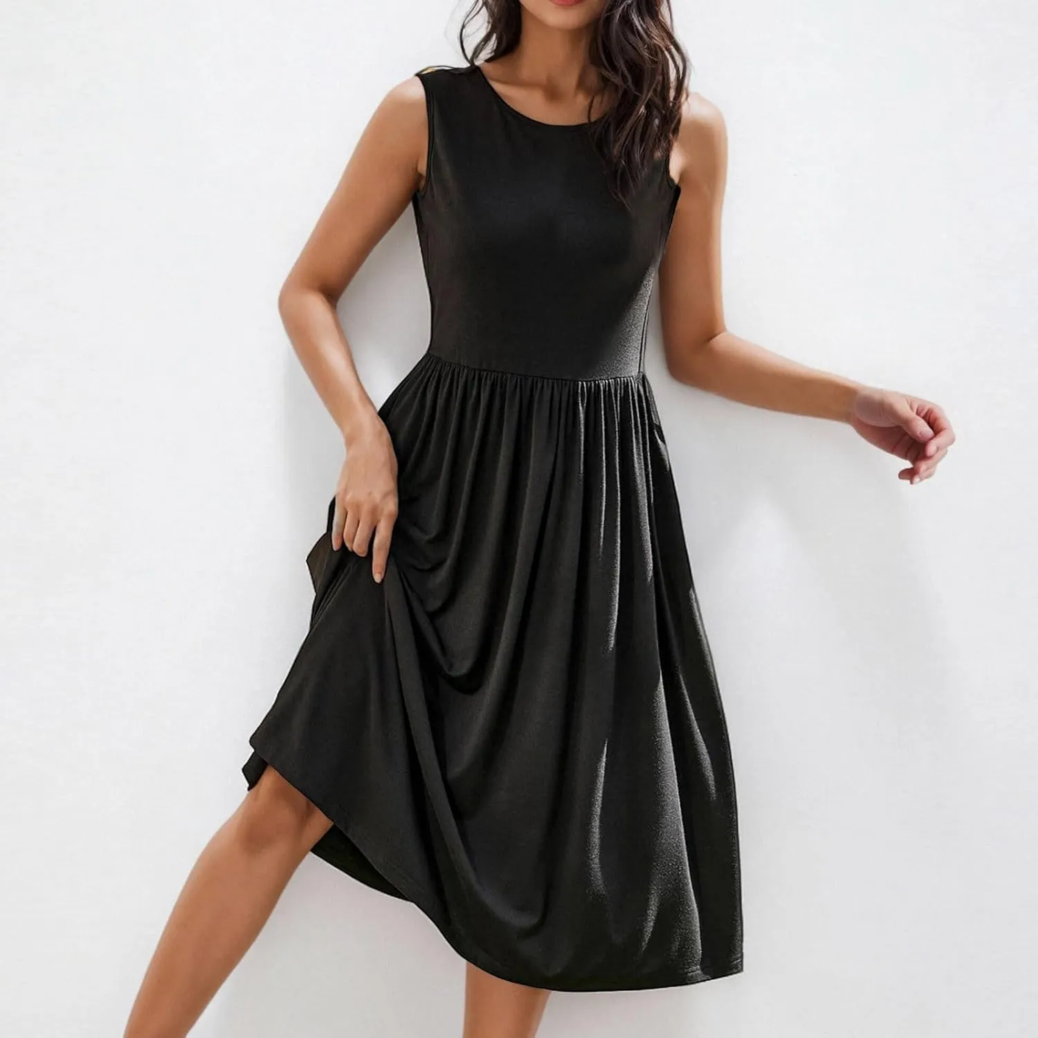 Women's Summer Tank Midi Dress with Pockets, Sleeveless A-Line Sun Dresses Casual T-Shirt Dress Flowy Beach Sundress