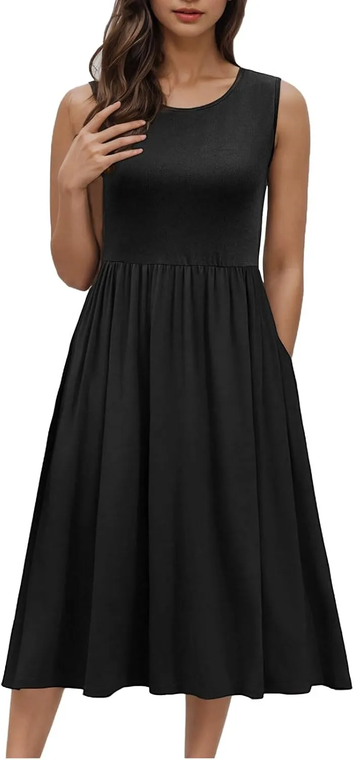 Women's Summer Tank Midi Dress with Pockets, Sleeveless A-Line Sun Dresses Casual T-Shirt Dress Flowy Beach Sundress